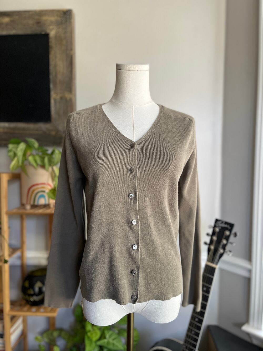 Vintage Y2K Cardigan Sweater Green Gray Cotton Knit Eddie Bauer Size Small